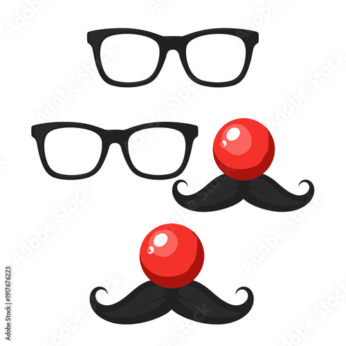 Red Nose Costume Accessories Featuring Classic Black Eyeglasses and Funny Dark Mustaches for Festive Party Celebrations