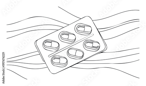 Line drawing of a blister pack filled with capsules representing pharmaceutical products and healthcare supplies for medical websites, educational content, or wellness promotions.