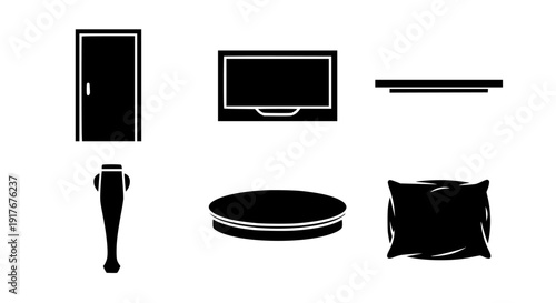 Collection of six distinct black silhouette icons representing household furniture elements like a door, television, shelf, lamp base, round platform, and sleeping pillow.