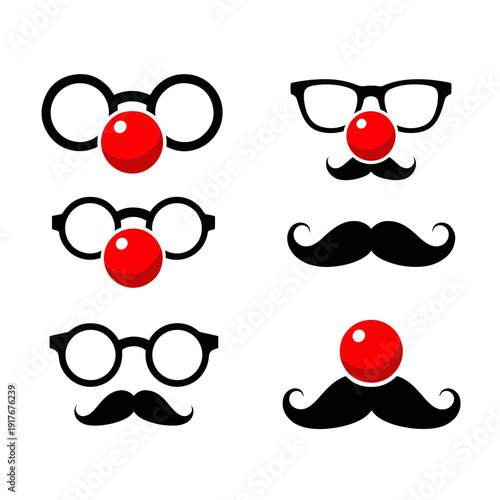 Red Nose Party Accessories Set Featuring Comic Black Eyeglasses Playful Mustaches and Bright Festive Facial Disguises