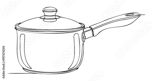 Elegant single line drawing of a lidded saucepan perfect for kitchenware advertisements cooking school brochures and food preparation guides