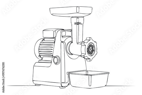 Continuous line drawing of a modern electric meat grinder kitchen appliance, ideal for various food preparation tasks and culinary themed projects.