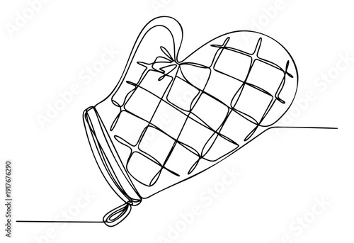 Minimalist single line drawing of an oven mitt with quilted texture perfect for kitchen product branding, culinary website graphics, or cooking blog illustrations