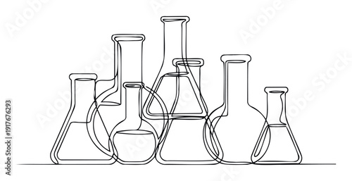 Continuous line drawing of various chemistry lab glassware including beakers and flasks, perfect for science education materials, medical presentations, or minimalist scientific branding