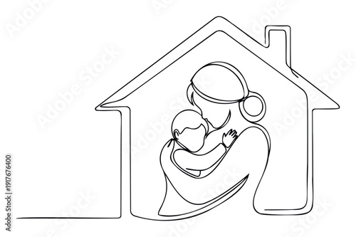 Continuous line drawing of a mother embracing her baby within a house outline, symbolizing family warmth, maternal protection, and childcare, suitable for parenting, home, and safety