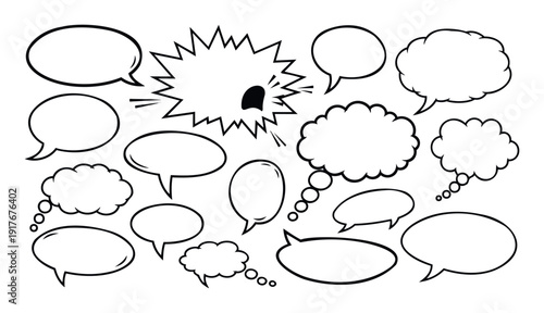 Collection of dynamic comic book style empty speech and thought bubbles for expressing various messages, discussions, and reactions in digital and print layouts.