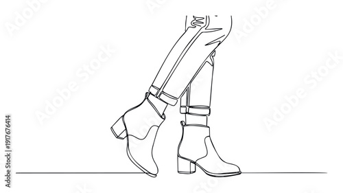 Contemporary continuous line drawing showcasing legs wearing cuffed denim pants and block heel booties, suitable for footwear promotions or apparel lookbooks