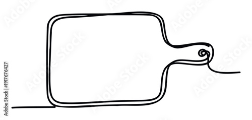 Minimalist line art drawing of a kitchen cutting board with a stylized handle, perfect for culinary education materials, foodrelated websites, and cooking accessory promotions.