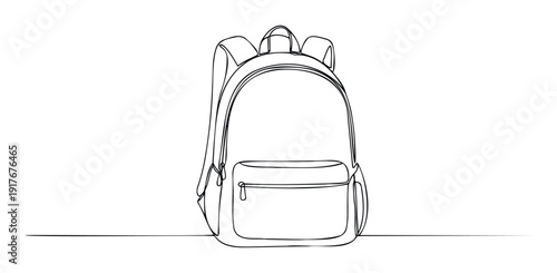 Minimalist continuous line drawing of a classic school backpack with shoulder straps and a front pocket, perfect for education, travel, or youth related graphic projects
