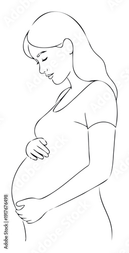 Elegant line drawing of a serene pregnant woman gently holding her stomach, representing maternal bonding and the joyful expectation of a new baby, suitable for healthcare and family