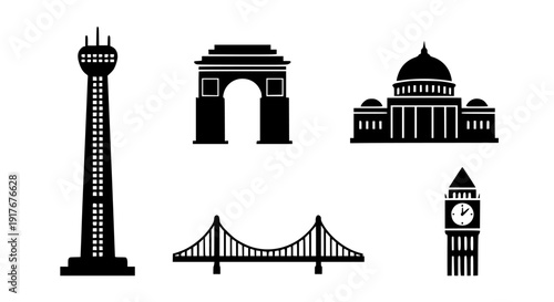 Collection of black silhouette icons representing famous global landmarks including an observation tower, monumental archway, capitol building, suspension bridge, and clock tower.