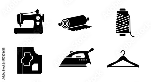 Collection of six black silhouette icons representing essential tailoring equipment including a sewing machine, rolled fabric, thread spool, leather swatch, iron, and clothes hanger.