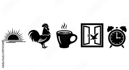 Iconic black and white vector icons depicting the sequence of morning awakening including sunrise, rooster crowing, hot coffee, bird taking flight, and alarm clock signaling time.