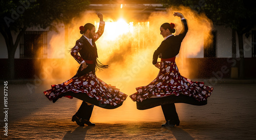 Pair of dancers performing traditional Spanish routine framed by