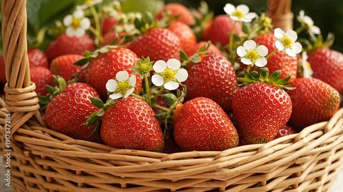 Fresh strawberries in woven basket with white flowers close up shot