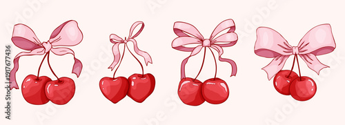 Coquette cherry with bow set. Cute cherries with ribbon. Elegant girly y2k for posters, cards, logo, printing. Aesthetic, trendy pink girly berry crafts bows coquette,