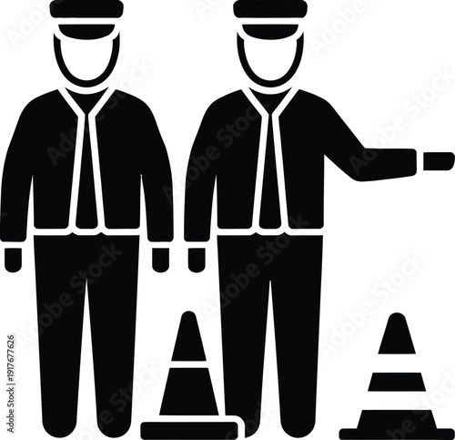 Two workers in uniform directing traffic with cones on a road. Vector