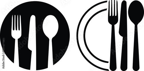 A simple graphic of cutlery on a plate, displayed in two different styles, one with a dark background and the other with a light background. Vector
