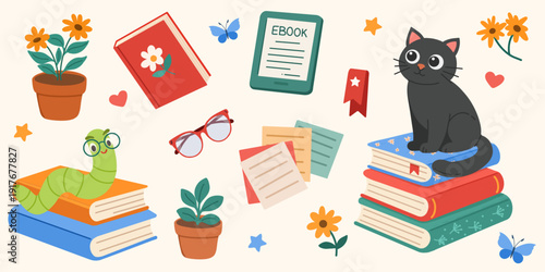 Reading set with black cat on books, ebook reader, plants, glasses and stationery. Comfort, warm atmosphere. For reading posters, library promos, stickers and web banners.