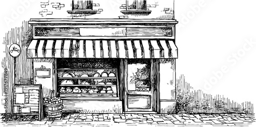 Vintage engraving of bakery storefront with signboard - retro shop design for print media