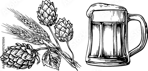 Vintage beer mug with hop cones and barley engraving for retro design