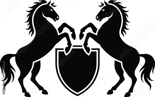 Two horses standing on hind legs beside a shield emblem design. Vector
