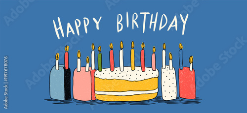 Birthday cake with ten candles and happy birthday text. Illustrated birthday cake with ten lit candles and Happy Birthday message on blue background