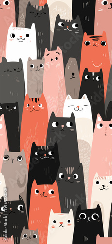 Cute cat pattern creating seamless animal background texture. Many cute cats with different expressions forming a seamless animal pattern