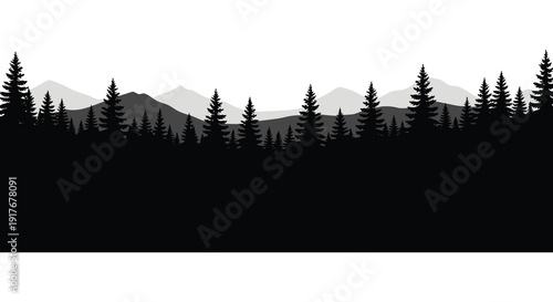 A striking black landscape featuring mountains and coniferous trees in a silhouette ideal for layering on transparent background high quality professional