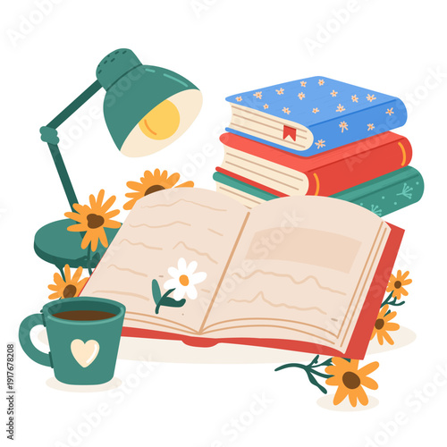 Open book with desk lamp, stack of books, flowers and tea mug. Comfort, warm atmosphere. For reading posters, stationery, library promos, stickers and web banners
