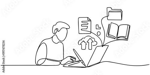 Line art of young adult caucasian male working on laptop. No editable stroke A person using digital pen on laptop with document, folder, book, and cloud upload icons. Concept of digital document manag