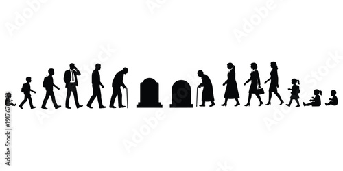 Human Life Cycle Silhouette From Baby To Old Age With Gravestones Keywords: human, life, cycle, silhouette, evolution, stages