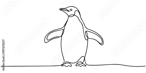 Single continuous one line drawing Elegant Penguin on Antarctic Ice. Adélie penguin standing in upright position