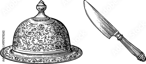 Vintage engraved butter dish and knife set illustration for retro design projects