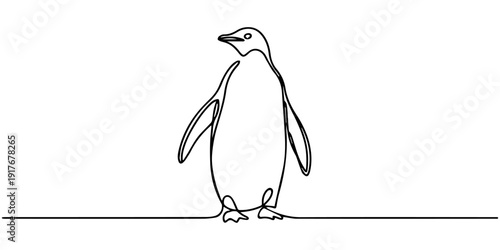 Single continuous one line drawing Elegant Penguin on Antarctic Ice. Adélie penguin standing in upright position