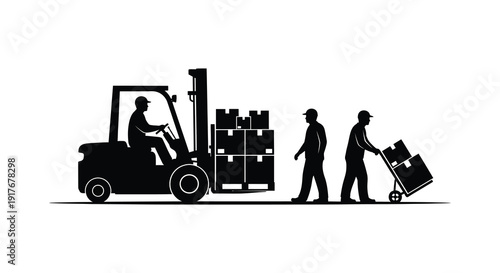 A black silhouette of a forklift workers and boxes illustrating logistics and transport on transparent background high quality professional detailed modern