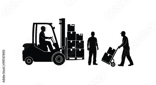 A black silhouette depicting a forklift workers and boxes in a warehouse setting on transparent background high quality professional detailed modern