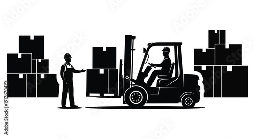 A black silhouette depicting a forklift operator and worker amidst stacked boxes ideal for logistics designs on transparent background high quality