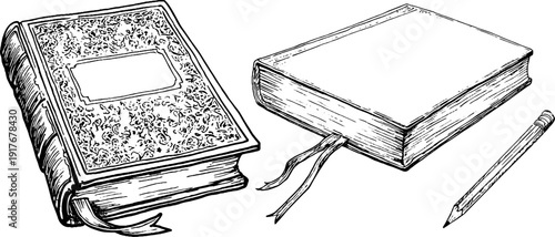 Vintage engraved illustration set of captain's logbook and pencil for retro design