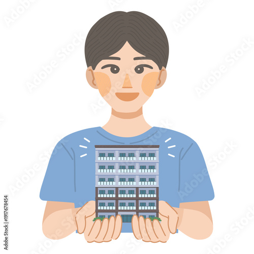 マンションに住む事を決めた、男性のイラスト