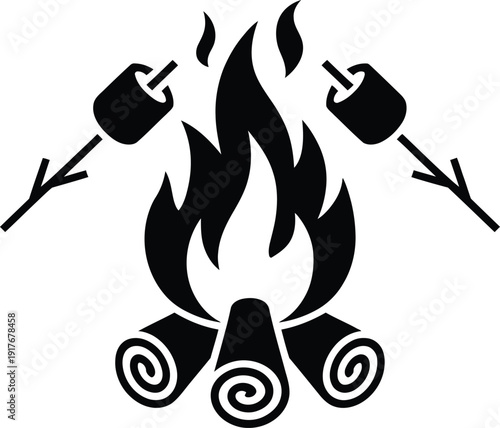 Camping scene with campfire and marshmallows being roasted on skewers. Vector