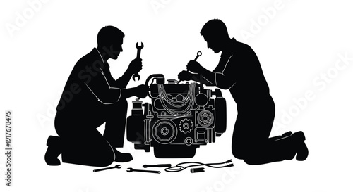 Two mechanics kneeling and working on an engine utilizing tools presented in a striking silhouette on transparent background high quality professional