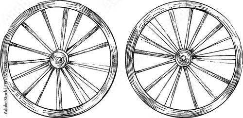 Vintage carriage wheels and spokes: hand-drawn engraved illustration for retro design projects