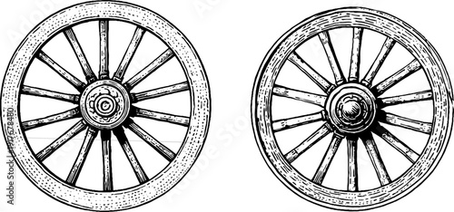 Vintage engraved illustration set of carriage wheel with hub and spoke design