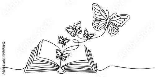 Flying book one line drawing with butterfly. Continuous hand drawn contour vector. Illustration of Creative and freedom.