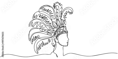 National Hat Day. One continuous line drawing of young beauty native Indian girl wearing traditional Apache tribe feather hat. Characteristic Indian tribe costume fashion. Vector illustration