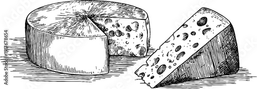 Vintage cheese wheel and wedge engraving for culinary design and decor
