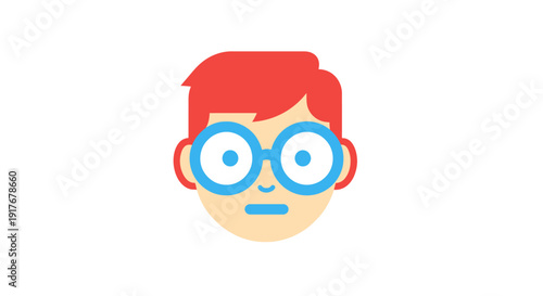 Cartoon Boy Face with Red Hair and Blue Glasses isolated white background