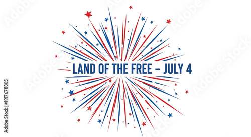 Patriotic firework icon with 'Land of the Free - July 4' text, starburst design with red, white, and blue colors.