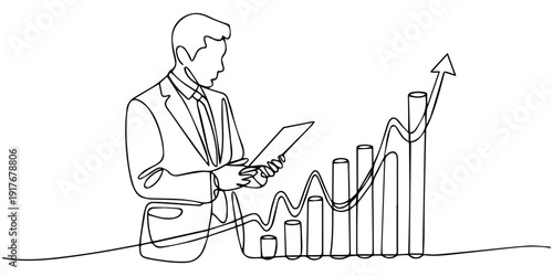 Businessman analyzing digital bar charts and growth trends, representing financial forecasting, KPI dashboards, and business performance analytics continuous one line drawing